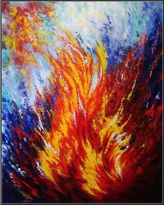 an abstract painting with red, yellow and blue colors