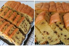 two pictures of slices of cake on cooling racks