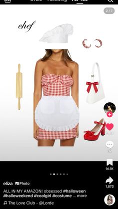 a woman in a red and white dress is wearing a chef's hat, apron, and shoes