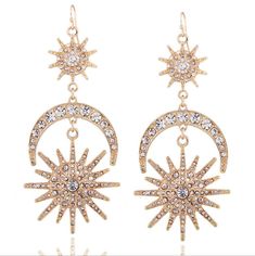 Item Type: Earrings Earring Type: Drop Earring Earring Back Type: Fish Hooks Material: Zinc Alloy, Rhinestone Product Dimensions: 10 x 4.5 cm / 3.94 x 1.77 inch Product Weight: 27 g / 0.06 lbs Package Dimensions: 8 x 6 x 5 cm / 3.15 x 2.36 x 1.97 inch Package Weight: 0.06 kg / 0.13 lbs Package Includes: One Pair of Earrings Vintage Statement Earrings, Punk Earrings, Moon And Star Earrings, Star And Moon, Retro Earring, Luxury Earrings, Alloy Earrings, Geometric Star, Sun Moon Stars