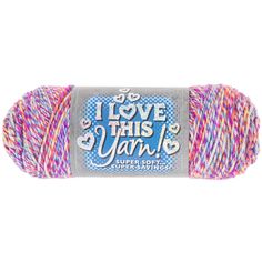 yarn ball with the words i love this yarn in multicolors and white on it