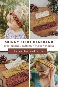 Pin shows 4 photos. 2 photos show 3 crochet headbands laying on a wooden board on a white table. 1 photo show a young girl wearing a dark pink crochet headband. 1 photo show a woman wearing a yellow crochet headband. Crochet headband pattern is the Skinny Picot Headband by The Turtle Trunk. Mommy And Me Crochet Headbands, Picot Headband Crochet, Crocheted Gifts For Mom, Crochet Baby Headband Pattern Free, Child’s Knitted Headband, Mommy And Me Crochet Patterns Free, Easy Crochet Accessories Free Pattern, Crochet Adult Headband, Cute Crochet Headband Patterns