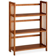 a wooden shelf with three shelves on each side