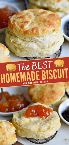 the best homemade biscuits with jam and jelly on top are ready to be eaten