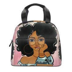 a handbag with an image of a woman wearing glasses