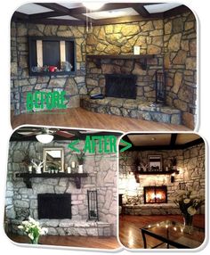 before and after pictures of a stone fireplace