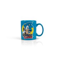 a blue sonic mug with the words sonic on it and an image of a cat