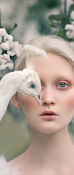 a woman with white hair and blue eyes has a bird on her head in front of her face