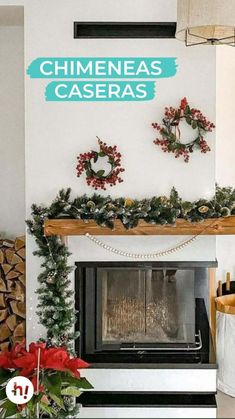 the fireplace is decorated with christmas wreaths and greenery