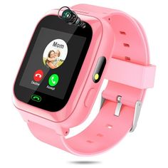 a pink smart watch with an image of a baby's face on the screen