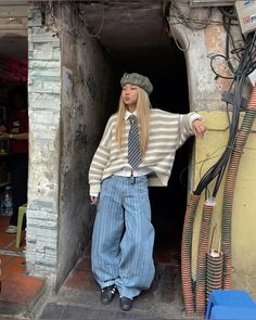 outfit inspo, baggy jeans, tie outfit, striped outfit, collar sweater, vintage adidas, cute adidas shoes, green outfit Green Striped Sweater Outfit, Adidas Shoes Green, Outfit Inspo Baggy Jeans, Outfit Inspo Baggy, 2000s Accessories, Mens Scarf Fashion, Business Core, Striped Outfit, Cute Adidas Shoes