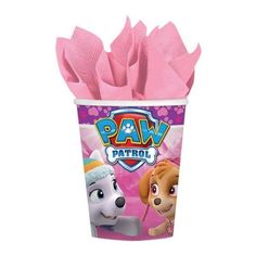 paw patrol paper cups with pink napkins in them