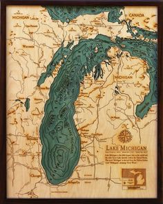 a wooden map of lake michigan