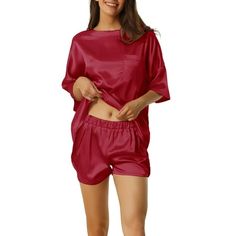 Great for loungewear, nightwear, sleepwear, home bedroom, daily wear. Features: 2 Piece sleepwear set, includ short sleeve tops and pants. These women's sleepwears set use the soft breathable pure satin, give you cozy nightwear exprience Design: Many individual color and lightweight fabric, makes the sleepwear oomfortable, you have many choice to match it with your heart. No matter the cozy bedtime, casual home relax, laze afternoon, comfy bath, the soft and lightweight women's pj could company Pyjamas Womens, Satin Set, Cute Sleepwear, Family Christmas Pajamas, Casual Home, Satin Pyjama Set, Sleepwear Sets, Womens Pyjama Sets, Short Sleeve Pullover