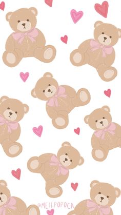 teddy bears with pink bows and hearts on a white background