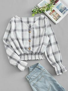 Crop Top Outfits, Plaid Blouse, Fashion Attire, Teenage Fashion Outfits, Trendy Tops