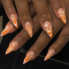 cc:  creme.lux on insta                nail inspo, fall nails, summer nails, spring nails, orange, almond nails, white, summer nail inspo, nail designs Spring Nails Orange, Creamsicle Nails, Orange Almond Nails, Almond Nails White, Nail Inspo Fall, Orange Acrylic Nails, Stilleto Nails Designs, Nails Orange, Orange Nail Designs