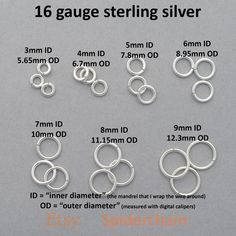 16 gauge AWG wire (0.508" or 1.29mm) solid sterling silver: 92.5% silver, 7.5% copper half-hard wire (springy and strong, but not brittle) If you aren't sure which size to get (or if you just want a handy reference of the available sizes) please visit this listing for a sampler that includes all the 16ga sterling silver sizes: https://www.etsy.com/listing/1707431434/jump-ring-sampler-16ga-sterling-silver Please note that all my sizes are listed by nominal INNER diameter. This is the diameter of Jump Ring Jewelry Wire, Jump Ring Jewelry, Wire Work Jewelry, Steel Rod, Work Jewelry, Rings Jewelry, Jump Rings, Jewelry Supplies, Precious Metals