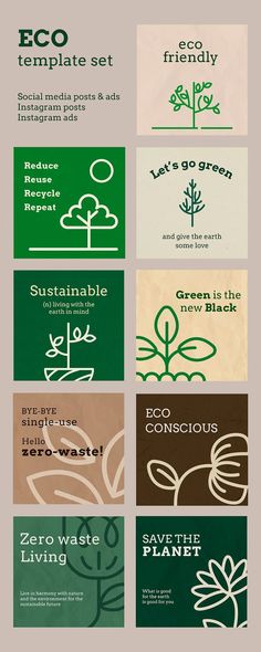 four different business cards with the words eco, plant and tree in green on them