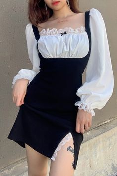 Tavern Maid, Cheap Black Dress, E Girl Outfits, Soft Girl Outfits, Japanese Sweet, Cottagecore Outfits, Midi Dress Style, Kawaii Fashion Outfits, Lace Splicing