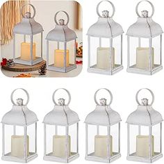 six white lanterns with candle holders on each side and one is open to show the light inside