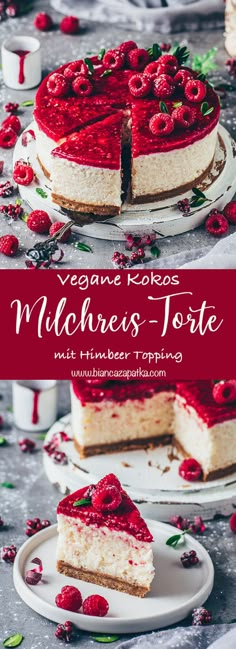 a cheesecake with raspberries on top and the words vegane kolos