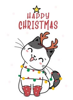 a christmas card with a cat wearing reindeer antlers on its head and the words happy christmas