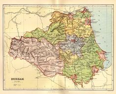 an old map of the county of durham, showing roads and major cities in red