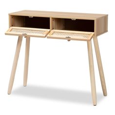 a wooden desk with two drawers on the top and one drawer at the bottom that is open