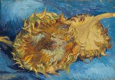 a painting of a sunflower on a blue background