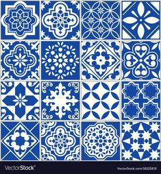 a set of blue and white tiles with different shapes, sizes and colors on them