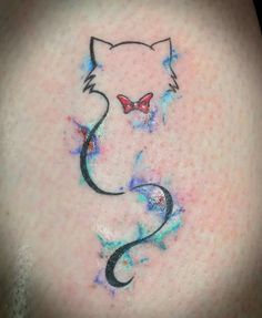 a cat with a butterfly on it's back shoulder and tail, is depicted in this tattoo design