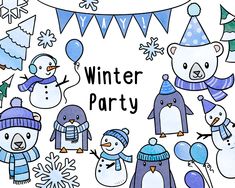 winter party clipart with penguins and snowmen