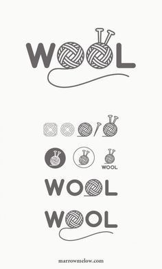 the words wool are written in black and white, with an image of balls of yarn