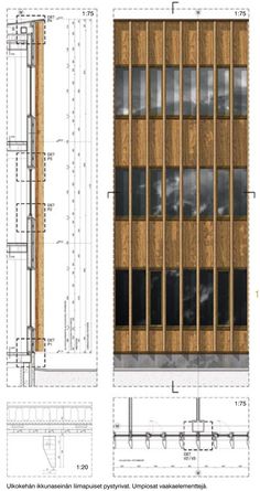 plans and elevations for a building with multiple sections, including the front and side windows