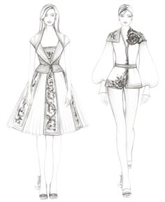 two women's dresses, one in white and the other in black with flowers