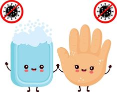 two cartoon hands are washing their hands with soapy water and germs in the background