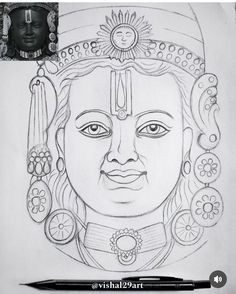 a pencil drawing of a woman's face with an elaborate headdress on it