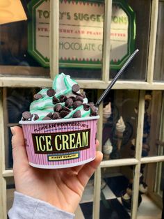 someone holding up a cup of ice cream with chocolate chips on top and green icing