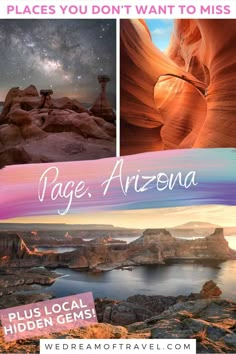 an advertisement for the arizona national park with images of canyons, rocks and water