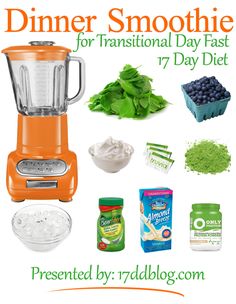 an orange blender filled with green vegetables and other ingredients for a smoothie recipe