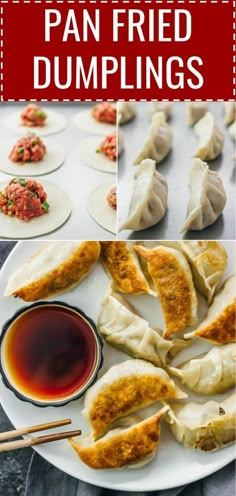 an image of dumplings with sauce on the side and text overlay that reads how to make pan fried dumplings