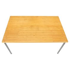 a wooden table with metal legs on a white background