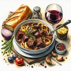 a painting of food and wine on a table