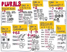 a white board with yellow and red writing on it that says plurals in french