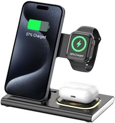 an apple watch and charger are shown with the charging dock attached to their phones