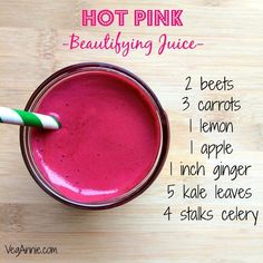 Hot pink beautifying juice will make you beautiful from the inside outPrevent cancer and inflammation and detoxify your blood with every sip Juice Smoothies Recipes, Juicy Juice, Smoothie Detox, Juicer Recipes, Ginger Juice, Healthy Juice Recipes, Smoothie Shakes