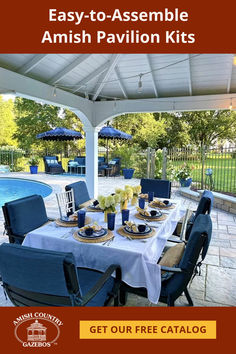 an outdoor dining set up with blue chairs and white tablecloths, next to a pool