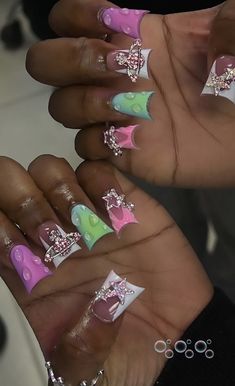 Colorful Duck Nails Acrylic, Back To School Duck Nails, Short Duck Nails Spring, Creative Nail Sets, French Tip Duck Nails With Charms, Duck Nails Junk Nail, Birthday Duck Nails Acrylic, Short Junk Nail, Short Acrylic Nails 2024