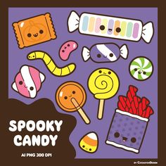 an assortment of spooky candy on a purple background with the words spooky candy